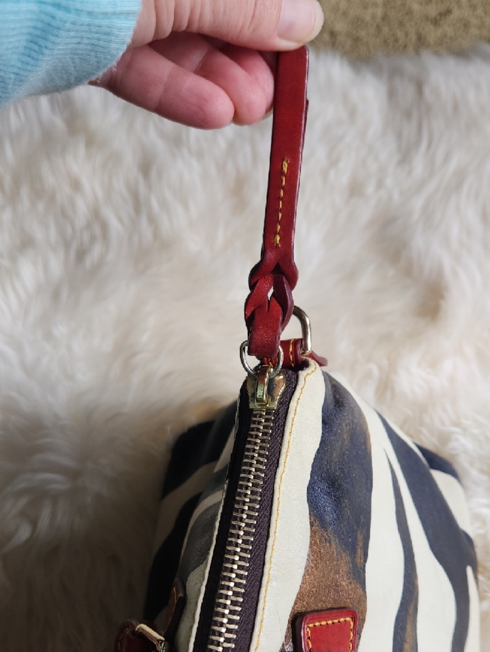 Vtg Dooney & Bourke Zebra-Print Satchel with Red Leather Accents Rehab Bag - Picture 4 of 13